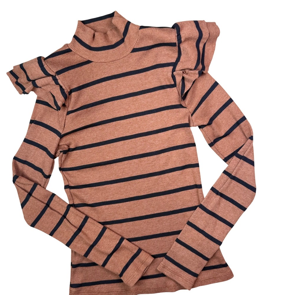 Anthropologie Ruffle Shoulder Top Women S Terracotta Striped Mock Neck Fall